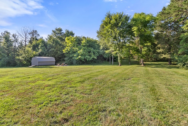 view of yard with a storage shed and an outbuilding