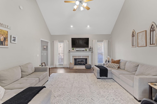 living area featuring a fireplace, high vaulted ceiling, a wealth of natural light, and wood finished floors