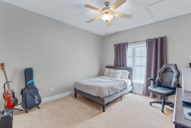 bedroom with carpet, baseboards, and ceiling fan