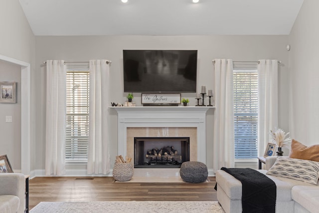 living room featuring a tiled fireplace, plenty of natural light, wood finished floors, and baseboards