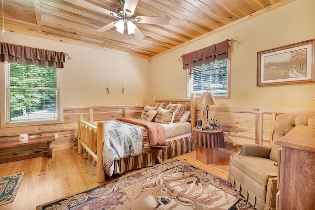 bedroom featuring hardwood / wood-style flooring, ceiling fan, wood ceiling, and wooden walls