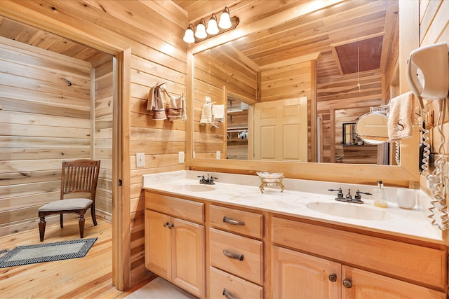 bathroom featuring wood ceiling, wooden walls, vanity, and wood-type flooring