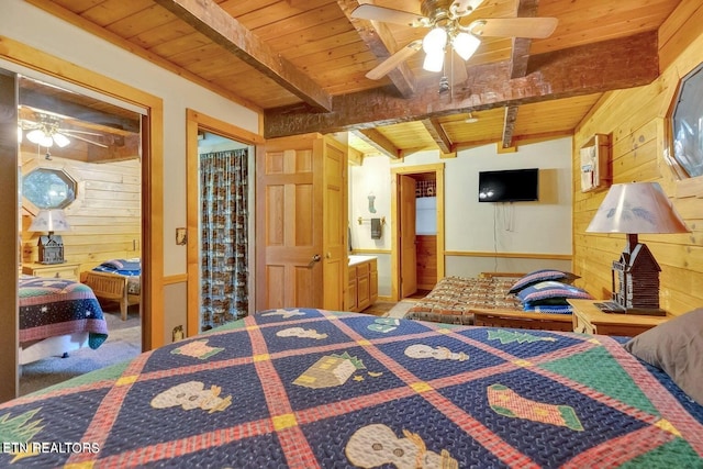 bedroom with ceiling fan, wooden ceiling, beamed ceiling, a closet, and wood walls