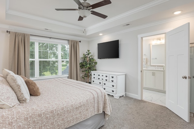 5013 Solar Ln NW, Cleveland, TN 37312 - bedroom with crown molding, a tray ceiling, recessed lighting, a ceiling fan, and ensuite bath