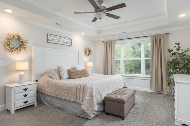 5013 Solar Ln NW, Cleveland, TN 37312 - bedroom with light colored carpet, ornamental molding, a tray ceiling, a ceiling fan, and recessed lighting
