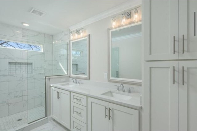 5013 Solar Ln NW, Cleveland, TN 37312 - bathroom featuring marble look tiles, a marble finish shower, double vanity, and ornamental molding