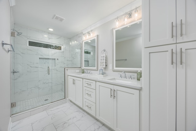 5013 Solar Ln NW, Cleveland, TN 37312 - full bathroom with marble look tile flooring, ornamental molding, a marble finish shower, double vanity, and recessed lighting