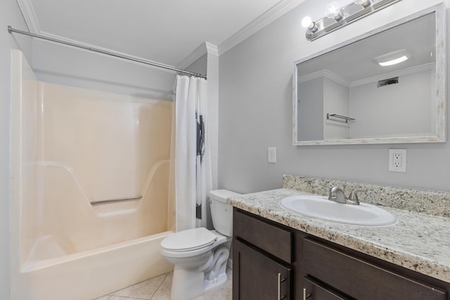 full bathroom featuring tile patterned flooring, vanity, toilet, shower / bath combo with shower curtain, and crown molding