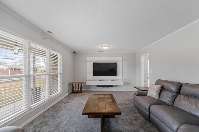 living room with ornamental molding and carpet