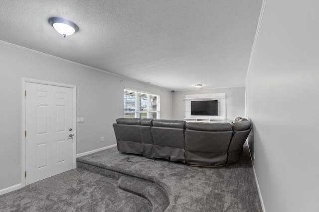 carpeted living room featuring a textured ceiling and crown molding