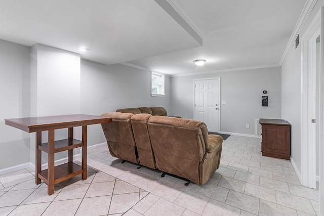 living room with light tile patterned flooring and crown molding