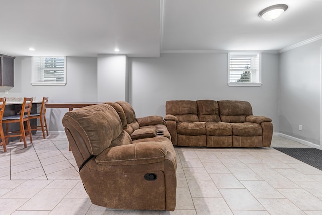 living room with light tile patterned flooring and crown molding