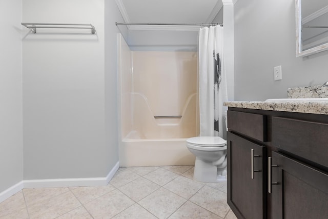 full bathroom featuring toilet, shower / bathtub combination with curtain, tile patterned floors, ornamental molding, and vanity