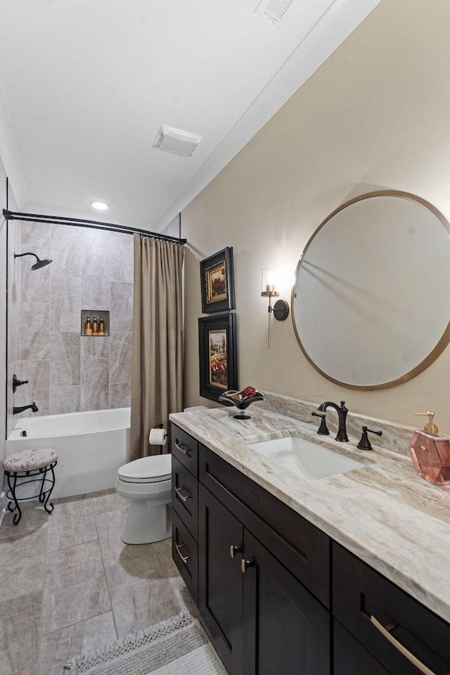 full bathroom featuring shower / bath combination with curtain, vanity, and toilet