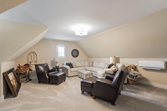 carpeted living room with vaulted ceiling and a wall mounted AC