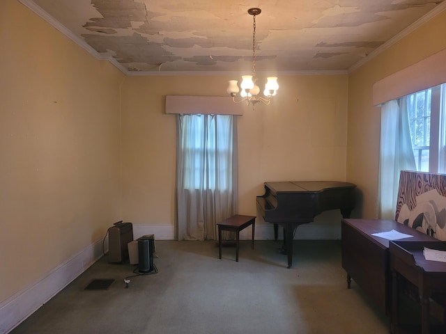 living area with plenty of natural light, a chandelier, and ornamental molding