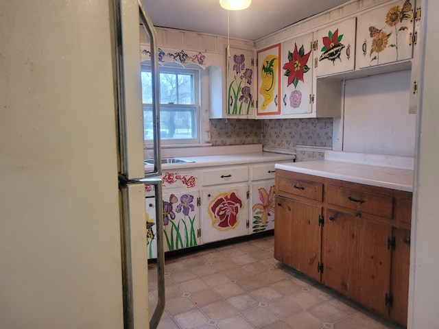 kitchen with white fridge