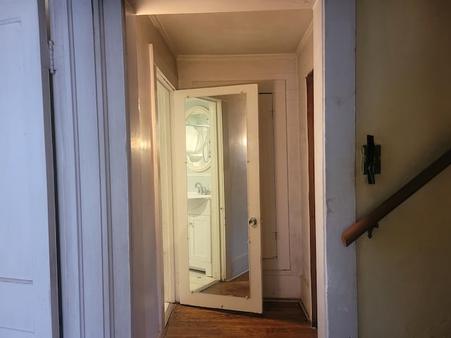 hallway with wood-type flooring, crown molding, and sink