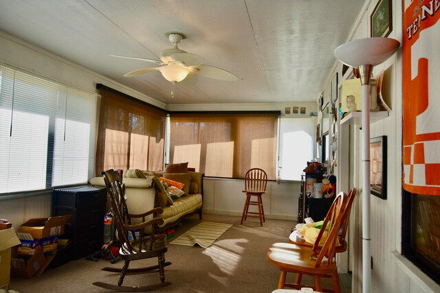 living area with ceiling fan, carpet, and crown molding