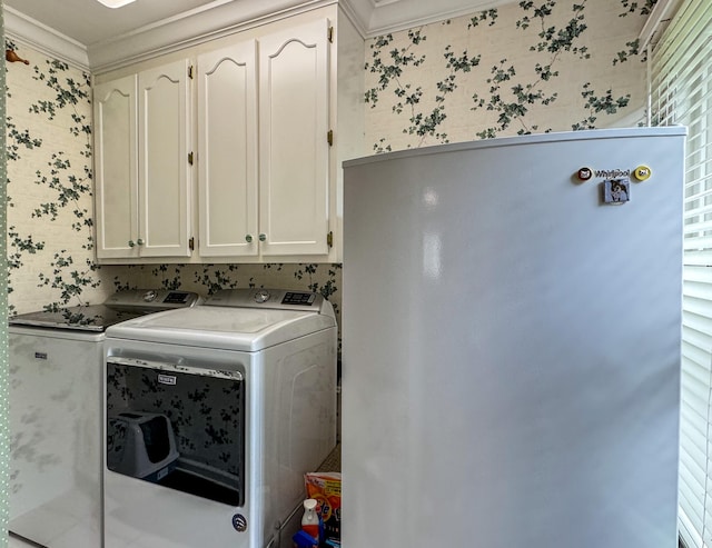 4809 Wind Bluff Cir, Birchwood, TN 37308 - washroom with cabinet space, crown molding, wallpapered walls, and independent washer and dryer