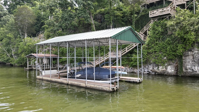 4809 Wind Bluff Cir, Birchwood, TN 37308 - dock area with stairs, a view of trees, and a water view