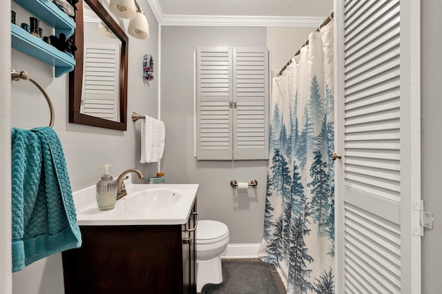 141 Church St, Calhoun, TN 37309 - bathroom featuring crown molding, vanity, toilet, baseboards, and a shower with shower curtain