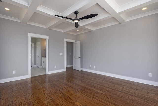 unfurnished bedroom with coffered ceiling, beam ceiling, dark hardwood / wood-style floors, and ceiling fan