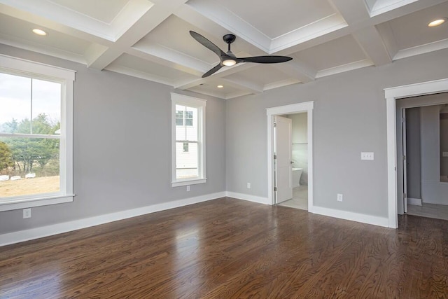 unfurnished bedroom featuring coffered ceiling, dark hardwood / wood-style floors, beam ceiling, and multiple windows
