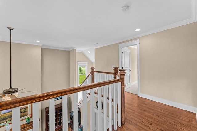 925 Wildcat Run Dr, Loudon, TN 37774 - hall with an upstairs landing, ornamental molding, recessed lighting, light wood finished floors, and baseboards