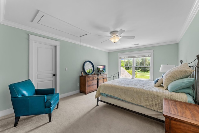 925 Wildcat Run Dr, Loudon, TN 37774 - carpeted bedroom with attic access, ornamental molding, baseboards, and ceiling fan