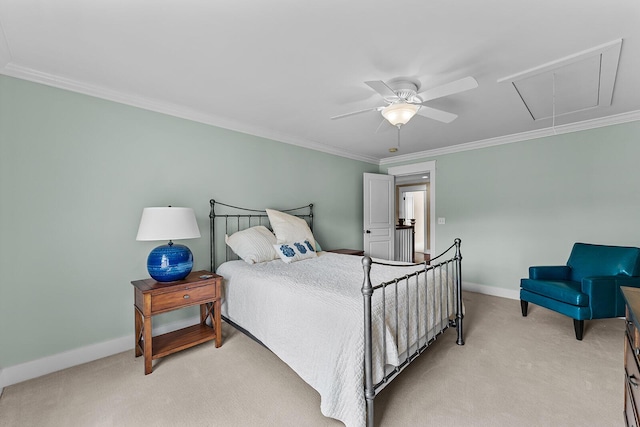 925 Wildcat Run Dr, Loudon, TN 37774 - bedroom with attic access, light colored carpet, baseboards, ornamental molding, and a ceiling fan