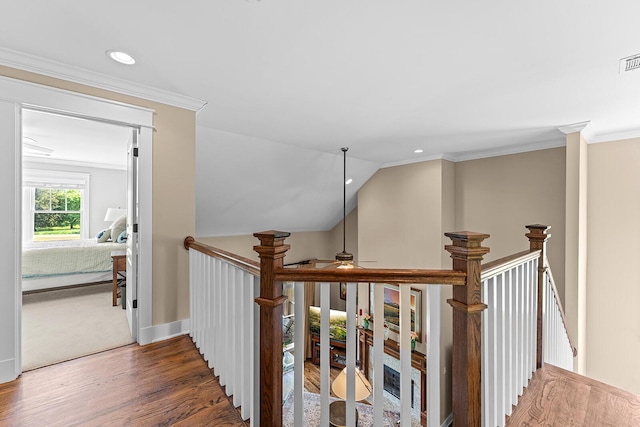 925 Wildcat Run Dr, Loudon, TN 37774 - hall featuring an upstairs landing, wood finished floors, recessed lighting, crown molding, and baseboards