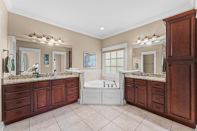 925 Wildcat Run Dr, Loudon, TN 37774 - bathroom featuring tile patterned flooring, two vanities, a garden tub, ornamental molding, and recessed lighting