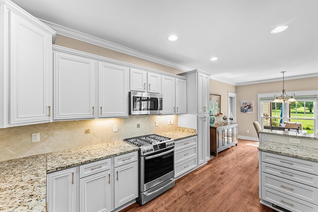 925 Wildcat Run Dr, Loudon, TN 37774 - kitchen with appliances with stainless steel finishes, ornamental molding, dark wood finished floors, backsplash, and hanging light fixtures