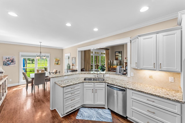 925 Wildcat Run Dr, Loudon, TN 37774 - kitchen with dishwasher, a sink, a peninsula, ornamental molding, and light stone countertops
