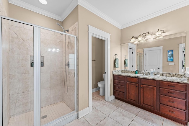925 Wildcat Run Dr, Loudon, TN 37774 - bathroom with a stall shower, vanity, toilet, tile patterned floors, and ornamental molding