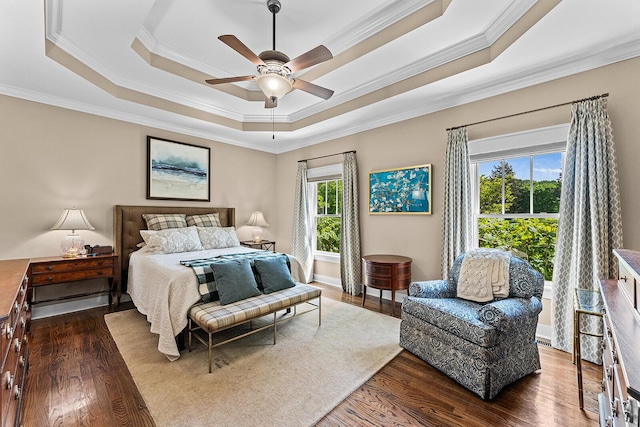 925 Wildcat Run Dr, Loudon, TN 37774 - bedroom featuring a raised ceiling, ornamental molding, dark wood-style flooring, and ceiling fan