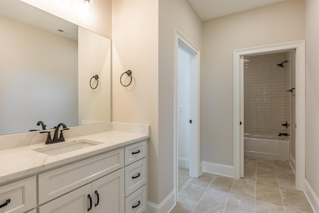 bathroom featuring shower / tub combination, tile patterned flooring, and vanity