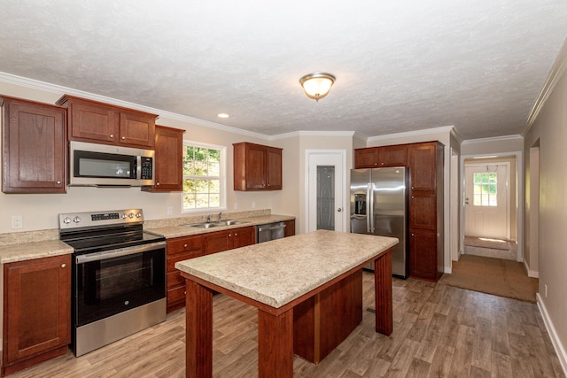 kitchen featuring crown molding, light hardwood / wood-style floors, sink, and stainless steel appliances