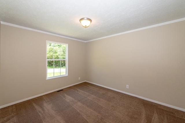 empty room featuring carpet flooring, ornamental molding, and a textured ceiling