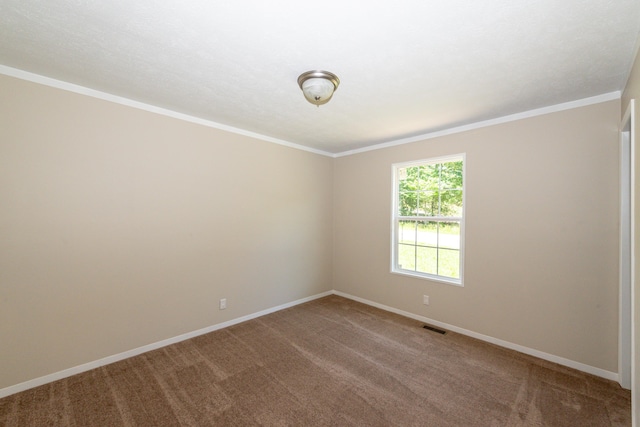 empty room featuring carpet floors and ornamental molding