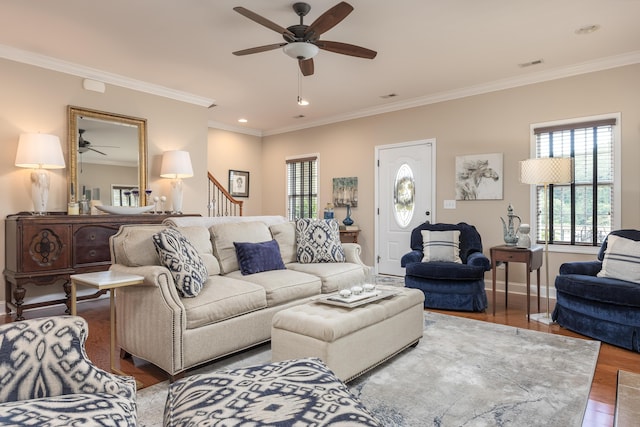 1726 Derby Ln NW, Cleveland, TN 37312 - living area with a ceiling fan, healthy amount of natural light, wood finished floors, crown molding, and recessed lighting