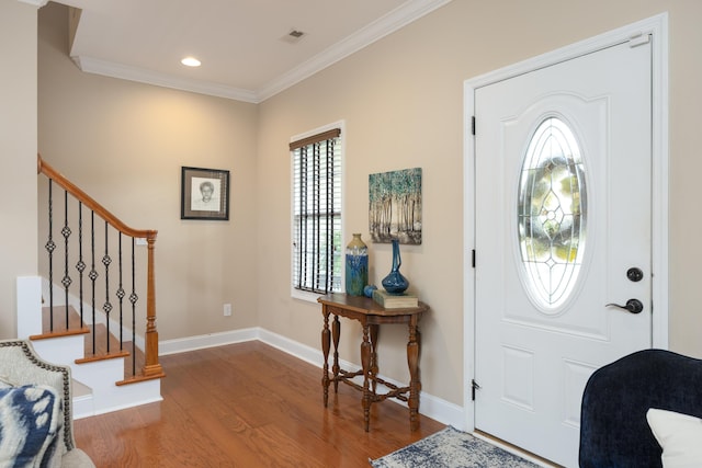 1726 Derby Ln NW, Cleveland, TN 37312 - foyer with wood finished floors, ornamental molding, stairs, and recessed lighting