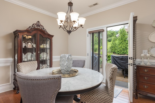 1726 Derby Ln NW, Cleveland, TN 37312 - dining space featuring a chandelier, ornamental molding, wood finished floors, and a wainscoted wall