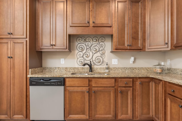 1726 Derby Ln NW, Cleveland, TN 37312 - kitchen with dishwasher, brown cabinetry, and light stone counters