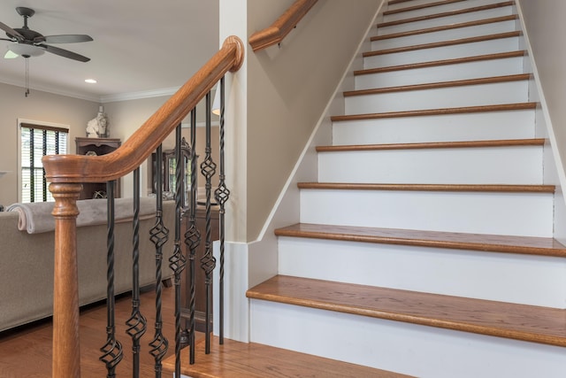 1726 Derby Ln NW, Cleveland, TN 37312 - stairs featuring a ceiling fan, wood finished floors, crown molding, and recessed lighting