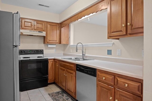 6585 Hickory Trace Cir, Chattanooga, TN 37421 - kitchen with stainless steel appliances, under cabinet range hood, a sink, brown cabinets, and light tile patterned flooring