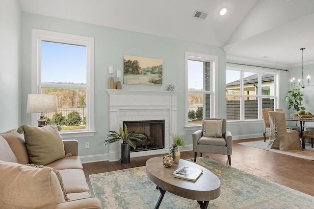 interior space featuring dark hardwood / wood-style flooring, a wealth of natural light, a fireplace, and vaulted ceiling