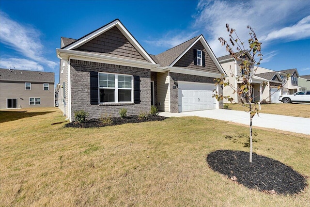 craftsman house with a garage and a front lawn