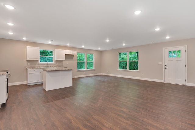 kitchen featuring white cabinetry, sink, light stone countertops, dark hardwood / wood-style floors, and a kitchen island